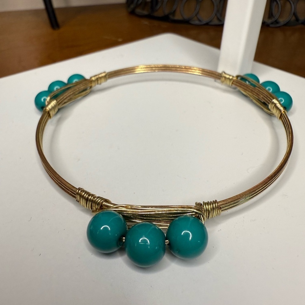 Vintage MADEIRA GEMSTONE BANGLE BRACELET Gold and Turquoise Beaded Bracelet - Picture 6 of 6